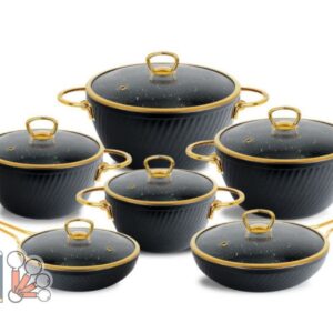 سرویس قابلمه 16 پارچه فورج ام جی اس MGS با درب پیرکس یراق طلا