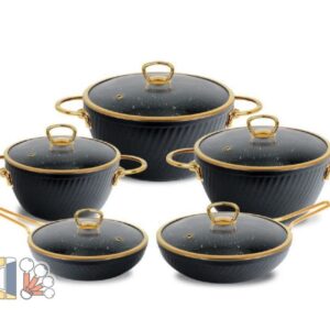 سرویس قابلمه 10 پارچه فورج ام جی اس MGS با درب پیرکس یراق طلایی