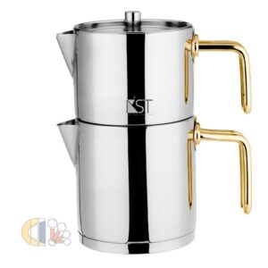 کتری و قوری استیل کی اس تی مدل 2022SG دسته طلایی